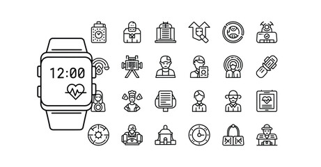 A collection of various black and white line icons depicting different objects and people types silhouette