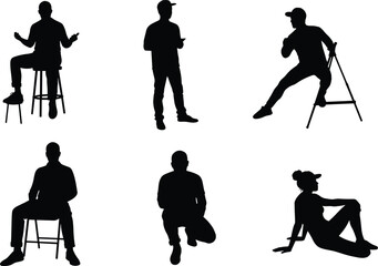 Obraz premium Collection of human silhouettes in various sitting and standing poses, black vector illustration for art, design, and creative projects