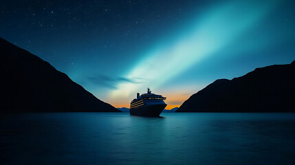 Experience the breathtaking sight of the Aurora Borealis dancing above a serene ocean, a cruise ship gracefully sailing beneath the celestial spectacle. Night adventure!