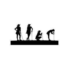 Silhouette of female golfers in various stances on the course.