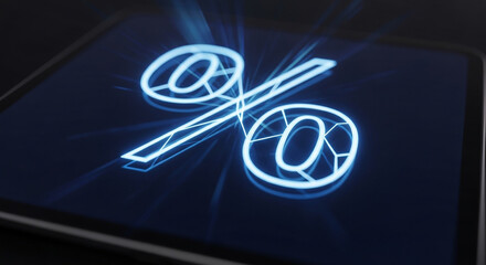 A glowing blue percentage symbol displayed on a dark digital screen with light effects.
