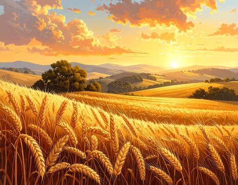 A wheat field glows under a brilliant sunset over rolling hills