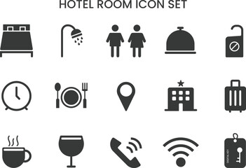 Hotel service icon set. Hotel room icons. black solid vector symbols for travel, accommodation, hospitality, amenities, food, fitness, swimming, parking, 24-hour service, and airport transfer