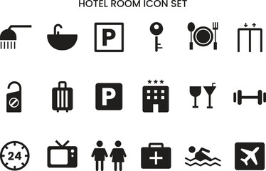 Hotel service icon set. Hotel room icons. black solid vector symbols for travel, accommodation, hospitality, amenities, food, fitness, swimming, parking, 24-hour service, and airport transfer