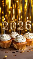 Happy New Year 2026 cupcakes with lit candles &ndash; Merry Christmas and winter holiday greeting concept.