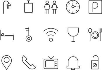 Editable Hotel service icon set. Hotel icons. black solid vector symbols for travel, accommodation, hospitality, amenities, food, fitness, swimming, parking, 24-hour service, and airport transfer
