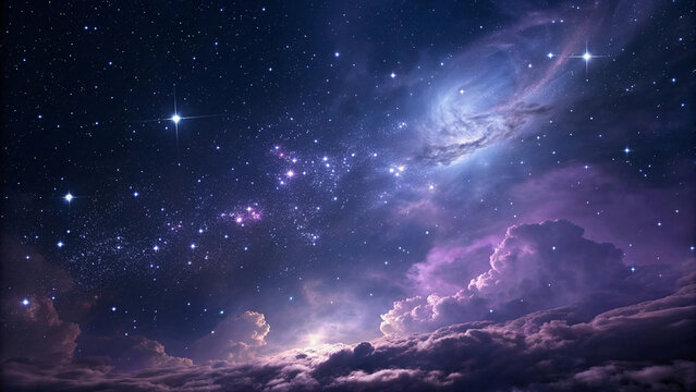 Ethereal night sky with purple and blue nebulae, bright stars with diffraction spikes, swirling clouds below, mystical cosmic atmosphere, dreamy celestialscape, otherworldly beauty.
