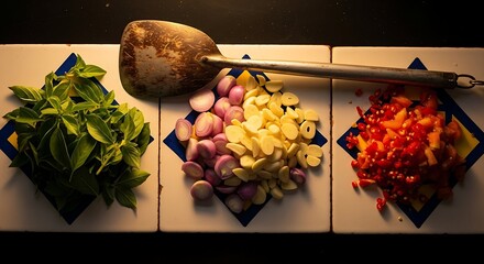 A colorful composition of fresh Indonesian cooking essentials: basil leaves, sliced shallots, garlic, and chopped red chilies on patterned tiles.