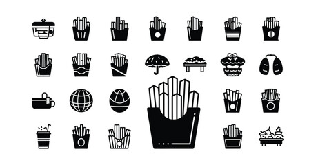 A collection of various black and white icons featuring food, objects, and other assorted items silhouette