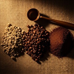 A top-down shot showing the coffee process: green unroasted beans, roasted beans, and finely ground coffee powder on a burlap sack.