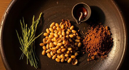 A still life featuring rice stalks, roasted peanuts, and brown chili powder, with a traditional oil lamp on an earthenware plate.