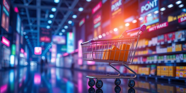A shopping cart stands in a brightly illuminated supermarket aisle with colorful neon lights reflecting off of the shiny floor and displaying various products on shelves.