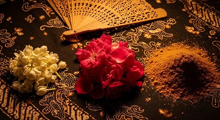 A beautiful Indonesian cultural composition with jasmine, red roses, turmeric powder, a carved fan, and traditional batik cloth.