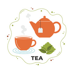 Vector illustration set of tea, featuring a cup, a teabag, green tea, a teapot, and a tea bag, illustrating preparation, a hot drink background, and brewing