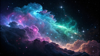 Obraz premium Cosmic nebula with vibrant purple, blue, and turquoise clouds, brilliant stars, ethereal gas formations creating dramatic celestial landscape against deep space.