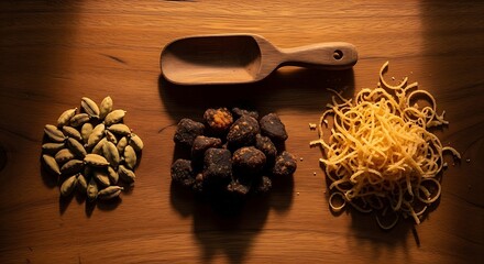 Cardamom pods, dark palm sugar pieces, and shredded cheese/coconut flakes arranged on a wooden table with a wooden scoop.
