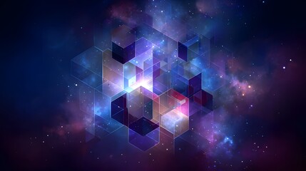 Geometric cube structures float in colorful cosmic nebula with starlight.