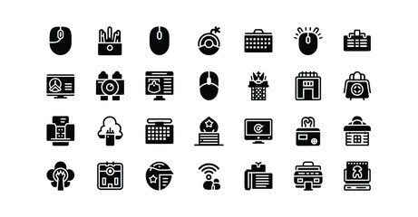 A collection of black glyph icons representing various objects and symbols on a white background silhouette