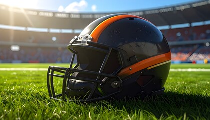 Close-up of a rugby helmet lying on green grass at a stadium, under bright sunlight. Realistic sports scene symbolizing strength, protection, and competition.