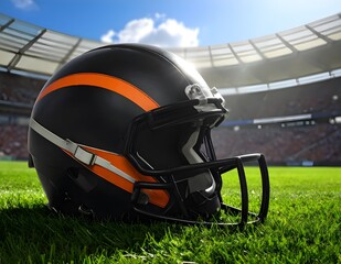 Close-up of a rugby helmet lying on green grass at a stadium, under bright sunlight. Realistic sports scene symbolizing strength, protection, and competition.