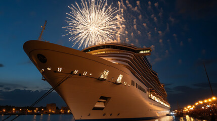 A magnificent cruise ship illuminated with fireworks, creating a magical ambiance against the night sky. A true celebration of leisure and maritime adventure! #Celebration