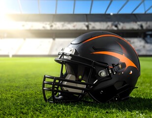 Close-up of a rugby helmet lying on green grass at a stadium, under bright sunlight. Realistic sports scene symbolizing strength, protection, and competition.