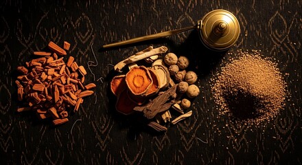 A traditional Indonesian herbal tonic composition: fragrant wood chips, dried sliced roots, cardamom, and spice powder with a brass ladle.