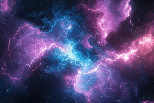 A mesmerizing cosmic nebula swirls with brilliant pink and blue energy, accented by striking lightning bolts and countless distant stars.