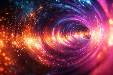 Obraz premium Vibrant, swirling tunnel of light particles, creating a dazzling cosmic vortex of purple, orange, and blue energy.
