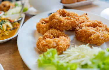 Deep fried shrimp cake on white plate, Thai food