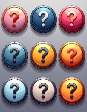 Nine colorful, glossy, round buttons, each featuring a question mark symbol in various vibrant hues and shaded metallic rims
