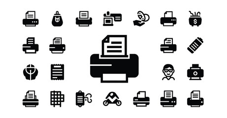 A collection of various black vector icons including printers, money, and other objects silhouette