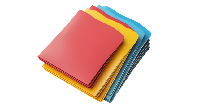 Stack of colorful file folders isolated on transparent background for organization