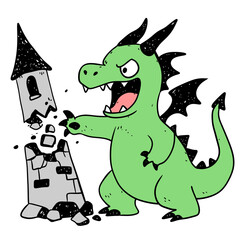 Green dragon smashing a castle tower. Angry monster destroying a building facade. Fairy tale character on transparent background for kids.