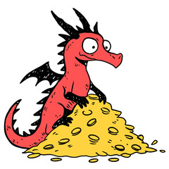 Red dragon guarding a large pile of gold coins on transparent background. Mythical creature and treasure concept for fantasy. © logonv