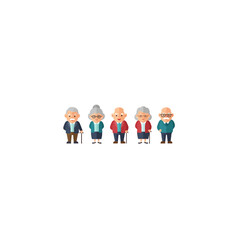 Group of five elderly people standing together in a row with walking sticks.