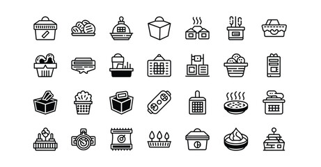 A monochrome illustration featuring a variety of food containers and food related icons silhouette