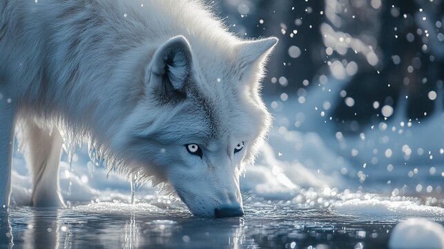 A macro single shot of a white wolf drinking from a frozen stream, snowflakes in the air and winter forest in the background.
