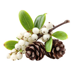 White Snowberry Branch with Pinecones and Green Leaves, Natural Decor Isolated on White Background