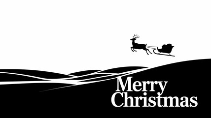 Silhouette of santa s sleigh pulled by a reindeer flying over rolling hills with merry christmas text