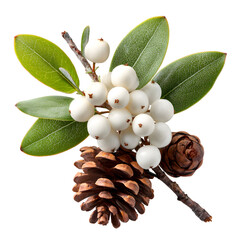 White Snowberry Branch with Pinecones and Green Leaves, Natural Decor Isolated on White Background