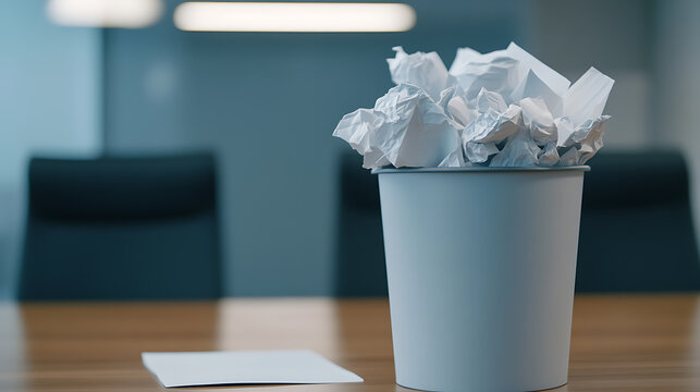 Full waste basket with crumpled paper on a wooden conference table against a blurry background. Office setting with light and blue tone. Idea of failures and mistakes.