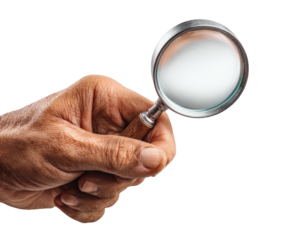 Human hand holding a magnifying glass against a stark black background, close-up shot