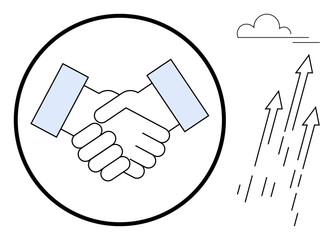 Fototapeta premium Two hands shaking inside a circle symbolize trust and cooperation, arrows point upward signifying growth and progress, small cloud for innovation and vision. Ideal for teamwork, business