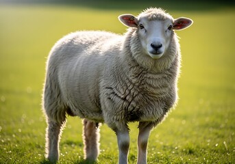 Obraz premium A white sheep stands in a sunlit green field, looking directly at the viewer with its woolly coat highlighted by the sun.