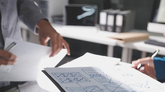 Group of young Asian uxui designers working together pointing at computer screen analyzing mobile app interface wireframes while working in a modern office