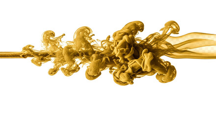 Abstract golden liquid ink dissolving and swirling in water creating organic shapes and patterns isolated on transparent background