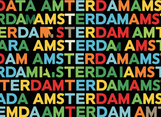 Seamless pattern with Amsterdam, featuring a colorful vector typography background