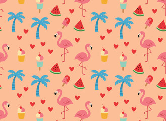 A seamless pattern featuring ice cream, watermelon, heart, flamingo, and palm tree against a summer sea and ocean backdrop, perfect for a cute holiday design