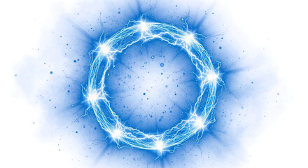Abstract glowing blue energy number zero formed by electric sparks and light trails isolated on transparent background